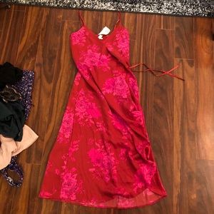 NWT red and pink floral midi wrap dress